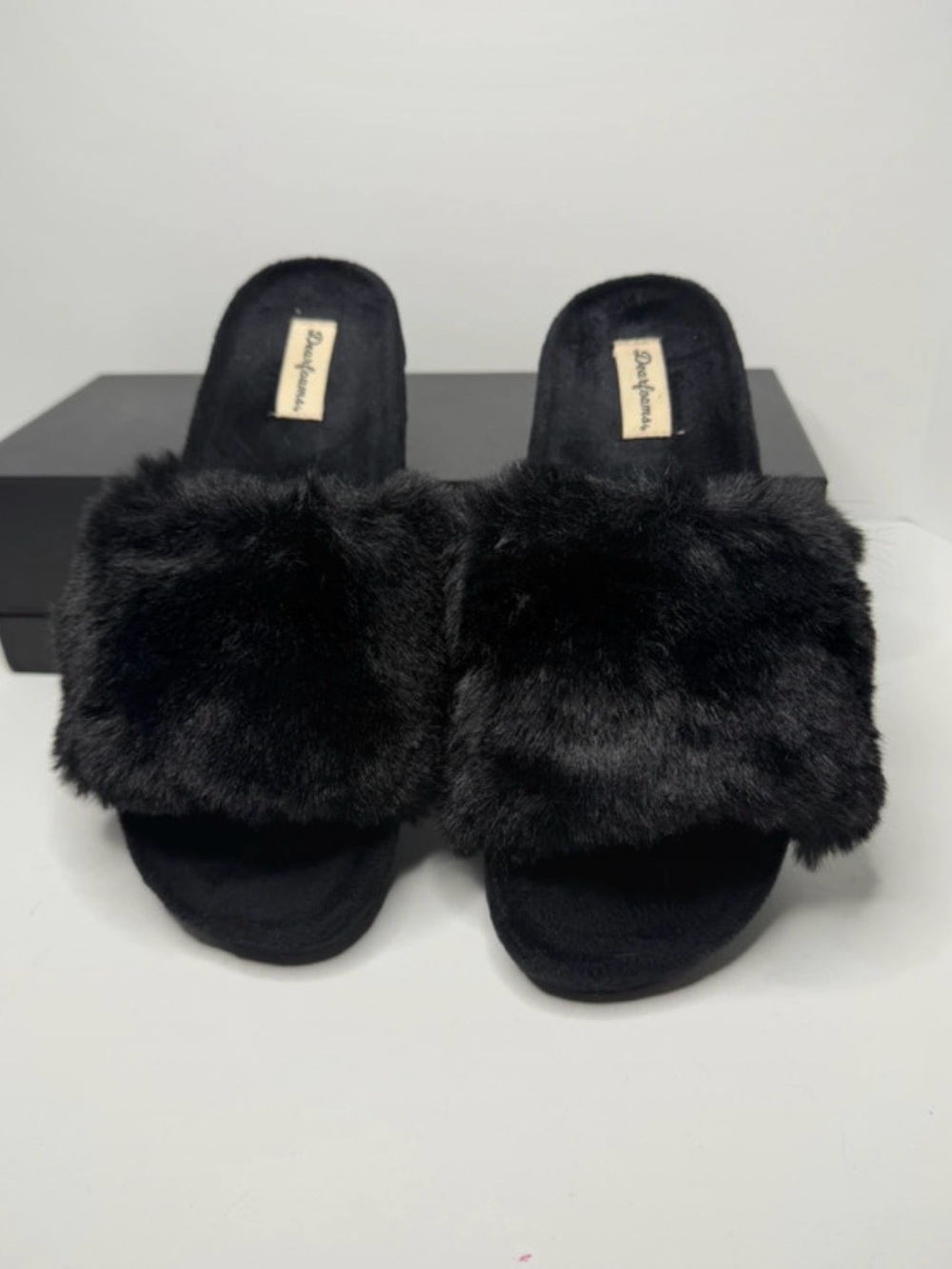 dearfoams Black Faux Fur Slide Slippers